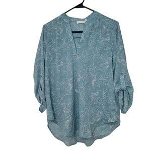 Lush Warren Split Neck Floral Roll-Tab Blouse Medium